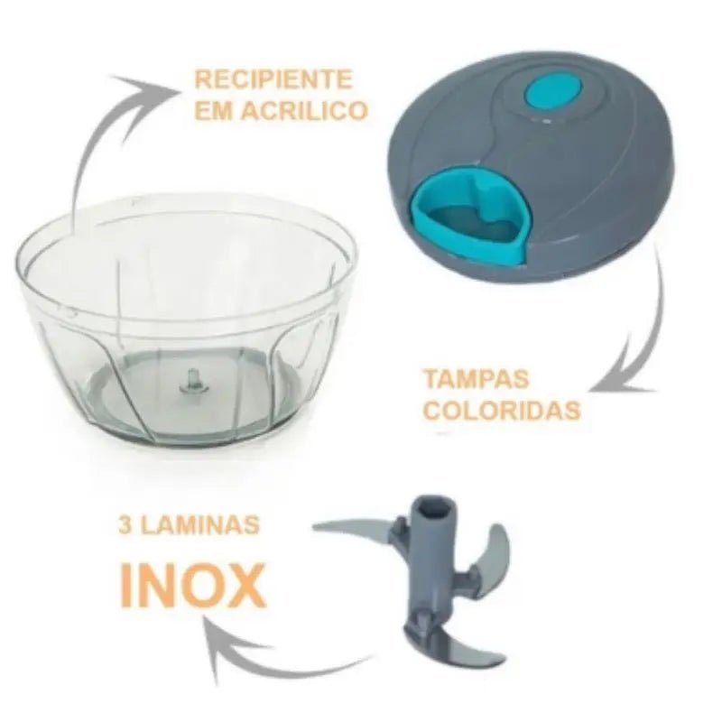 Processador de alimentos manual multiuso Premium 3 lâminas Inox - VicenteExpress